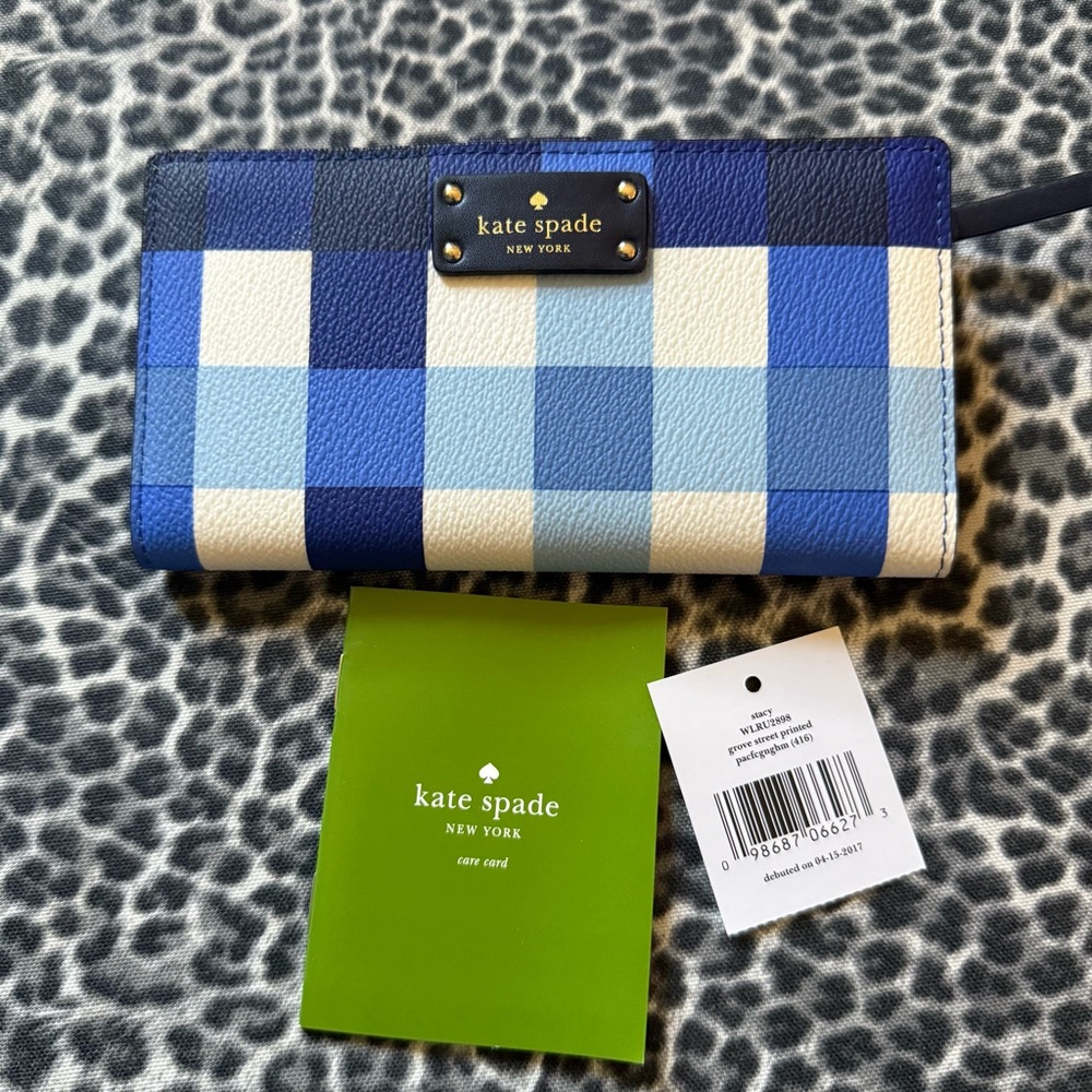 Kate Spade New York Stacy Grove Street Laether Blue Pacific Gingham Wallet - Picture 11 of 11